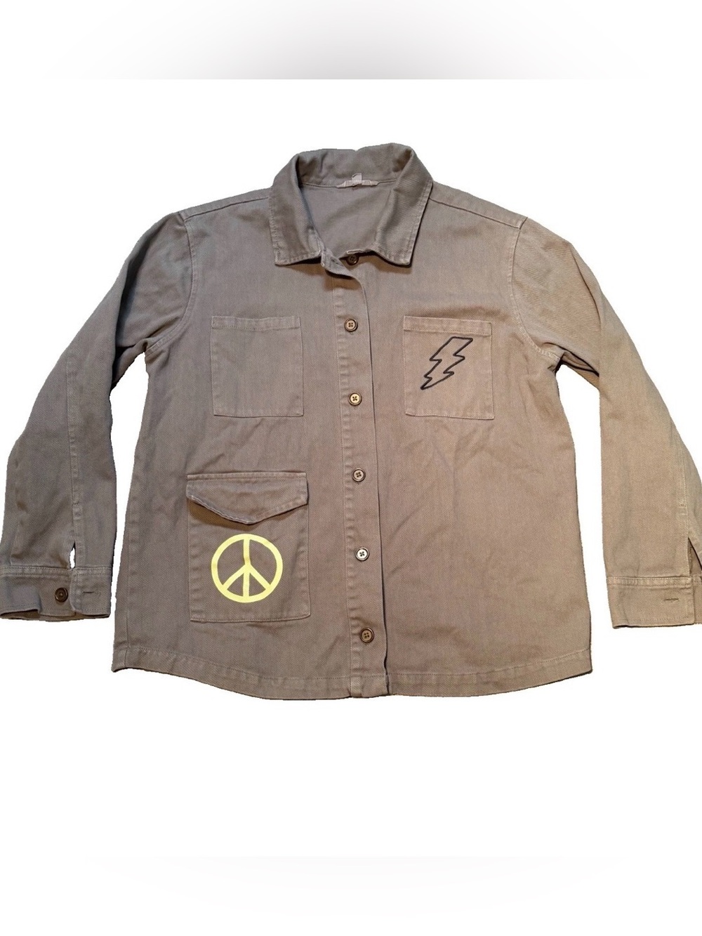 Ascot & Hart Utility Shirt Jacket Women’s Large Olive Green Peace Lightning Bolt